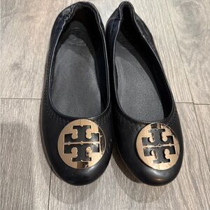 Tory Burch Black Flats with Gold Logo